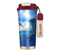 YXDVPALNE Quatre dauphins dans la mer des baleines,Tasse à café isotherme en acier inoxydable 316 avec cordon, 500 ml, idéale pour les voyages en voiture