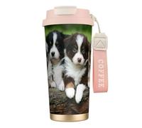 YXDVPALNE Quatuor de petits chiots bergers australiens,Tasse à café isotherme en acier inoxydable 316 avec cordon, 500 ml, idéale pour les voyages en voiture
