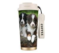 YXDVPALNE Quatuor de petits chiots bergers australiens,Tasse à café isotherme en acier inoxydable 316 avec cordon, 500 ml, idéale pour les voyages en voiture