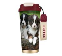 YXDVPALNE Quatuor de petits chiots bergers australiens,Tasse à café isotherme en acier inoxydable 316 avec cordon, 500 ml, idéale pour les voyages en voiture
