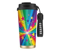 YXDVPALNE Rayons de confettis arc-en-ciel et étoiles,Tasse à café isotherme en acier inoxydable 316 avec cordon, 500 ml, idéale pour les voyages en voiture