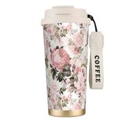 YXDVPALNE Roses roses sépia vintage shabby chic,Tasse à café isotherme en acier inoxydable 316 avec cordon, 500 ml, idéale pour les voyages en voiture