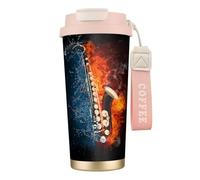 YXDVPALNE Saxophone dans le feu et l'eau,Tasse à café isotherme en acier inoxydable 316 avec cordon, 500 ml, idéale pour les voyages en voiture