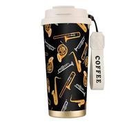 YXDVPALNE Saxophone Trombone Musique Noir,Tasse à café isotherme en acier inoxydable 316 avec cordon, 500 ml, idéale pour les voyages en voiture