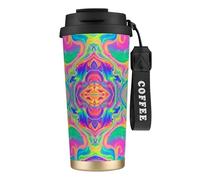 YXDVPALNE Tie Dye coloré arc-en-ciel néon,Tasse à café isotherme en acier inoxydable 316 avec cordon, 500 ml, idéale pour les voyages en voiture