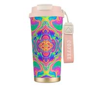 YXDVPALNE Tie Dye coloré arc-en-ciel néon,Tasse à café isotherme en acier inoxydable 316 avec cordon, 500 ml, idéale pour les voyages en voiture