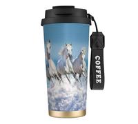 YXDVPALNE Trois chevaux blancs,Tasse à café isotherme en acier inoxydable 316 avec cordon, 500 ml, idéale pour les voyages en voiture