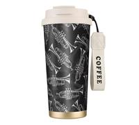 YXDVPALNE Trompettes à croquis noir et blanc,Tasse à café isotherme en acier inoxydable 316 avec cordon, 500 ml, idéale pour les voyages en voiture