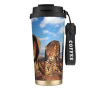 YXDVPALNE Un lion, un léopard et un tigre se battent pour de la nourriture,Tasse à café isotherme en acier inoxydable 316 avec cordon, 500 ml, idéale pour les voyages en voiture