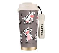 YXDVPALNE Vache de dessin animé mignonne imprimée,Tasse à café isotherme en acier inoxydable 316 avec cordon, 500 ml, idéale pour les voyages en voiture