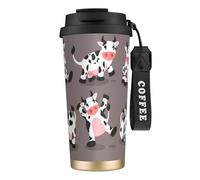 YXDVPALNE Vache de dessin animé mignonne imprimée,Tasse à café isotherme en acier inoxydable 316 avec cordon, 500 ml, idéale pour les voyages en voiture