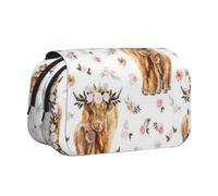 YXDVPALNE Vache écossaise des Highlands à Fleurs Roses printanières Trousse à Crayons Portable à Double Coque avec Fermeture éclair