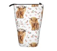 YXDVPALNE Vache écossaise des Highlands à Fleurs Roses printanières,Trousse à Crayons télescopique, Porte-Crayons avec Pochette à Crayons zippée