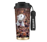 YXDVPALNE Westie Bokeh West Highland White Terrier Chiens,Tasse à café isotherme en acier inoxydable 316 avec cordon, 500 ml, idéale pour les voyages en voiture