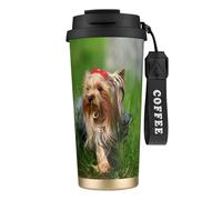 YXDVPALNE Yorkshire Terrier Pelouse Chiens mignons Ummer Red Bow,Tasse à café isotherme en acier inoxydable 316 avec cordon, 500 ml, idéale pour les voyages en voiture