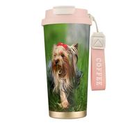 YXDVPALNE Yorkshire Terrier Pelouse Chiens mignons Ummer Red Bow,Tasse à café isotherme en acier inoxydable 316 avec cordon, 500 ml, idéale pour les voyages en voiture