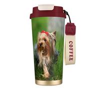 YXDVPALNE Yorkshire Terrier Pelouse Chiens mignons Ummer Red Bow,Tasse à café isotherme en acier inoxydable 316 avec cordon, 500 ml, idéale pour les voyages en voiture