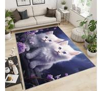 YXQAIED Grand tapis lavable avec motif chat mignon - 100 x 200 cm - Blanc - Pour chambre à coucher, garçons et filles - Motif fleurs violettes