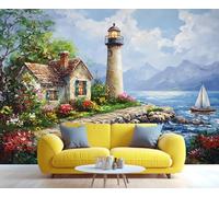 YXQAIED Papier peint 3D vintage en forme de phare de bord de mer, impression de ville antique italienne, papier peint photo de paysage de l'océan européen, affiche murale moderne pour salon enfants