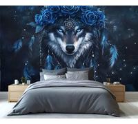 YXQAIED Papier peint bohème, papier peint pour chambre à coucher, motif loup, papier peint non autocollant à plumes bleues pour salon, animaux sauvages photo 3D, décoration de chambre, 366 x 254 cm