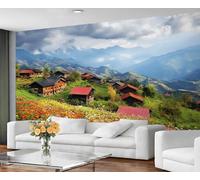 YXQAIED Papier peint cabane de campagne, paysage naturel, papier peint 3D pour chambre à coucher, aquarelle, fleurs sauvages, décoration d'intérieur et papier peint non autocollant, 300 x 210 cm