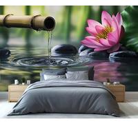 YXQAIED Papier peint de méditation zen, papier peint lotus pour salon, non autocollant, forêt de bambou et pierres noires, papier peint pour chambre à coucher, spa japonais, grande décoration murale