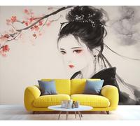 YXQAIED Papier peint fleur de cerisier - Belle femme - Papier peint pour salon, chambre à coucher - Peinture à l'encre 3D - 390 x 260 cm - Ne se décolle pas et ne colle pas