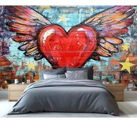 YXQAIED Papier peint graffiti 100 x 70 cm, cœurs ailés, papier peint pour chambre à coucher, mur de brique, décoration d'intérieur, papier peint non autocollant pour salon