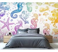 YXQAIED Papier peint hippocampe de dessin animé coloré vie marine papier peint été thème océan papier peint salon chambre toile de fond décoration murale affiche image 350 x 256 cm