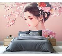 YXQAIED Papier peint japonais, fleurs de cerisier roses pour chambre à coucher, belle femme, salon, décoration murale pour appartement et chambre (ne se décolle pas et ne colle pas)