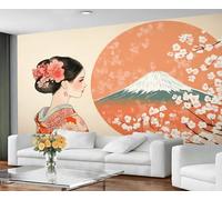 YXQAIED Papier peint japonais, papier peint geisha japonaise pour salon, chambre à coucher de soleil rouge, non autocollant, fleurs de cerisier, grande décoration murale 3D, 200 x 140 cm
