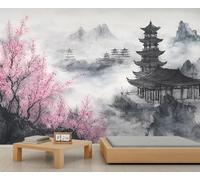 YXQAIED Papier peint japonais, peinture de paysage, papier peint pour chambre à coucher, papier peint non autocollant à fleurs rouges pour salon, photo chinoise noire et blanche 3D et décoration de