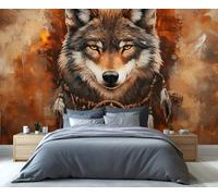 YXQAIED Papier peint motif loup, papier peint bohème pour chambre à coucher, papier peint ethnique à plumes pour salon, non autocollant, photo d'animaux 3D, décoration de chambre, 390 x 260 cm