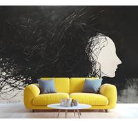 YXQAIED Papier peint noir et blanc, papier peint femme pour salon, papier peint personnalisé cheveux noirs, peintures murales 3D pour chambre à coucher, 390 x 260 cm (ne pas décoller et coller)