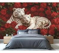 YXQAIED Papier peint - Papier peint mural tigre blanc pour chambre à coucher, rose rouge et grande décoration murale, papier peint animal floral pour salon, non autocollant - Décoration murale