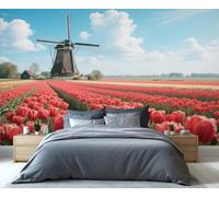 YXQAIED Papier peint photo 3D de lys rouge, impression romantique mer de fleurs, ciel bleu et nuages blancs, décoration murale moderne pour salon, enfants, 100 x 70 cm