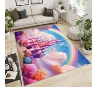 YXQAIED Tale Castle Tapis décoratif lavable Motif papillon arc-en-ciel et château de rêve pour chambre à coucher de fille Motif fleurs roses romantiques 90 x 150 cm