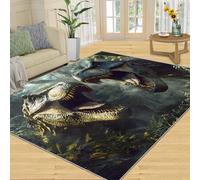 YXQAIED Tapis de Salon Lavable en Machine Dinosaure 70x140 cm, Tapis de Dinosaures marocain pour Le Salon, l'entrée, la Chambre et la Cuisine, Bleu foncé Jungle