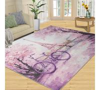 YXQAIED Tapis de Salon Lavable en Machine Paris, France 70x140 cm, Tapis de Tour Eiffel marocain pour Le Salon, l'entrée, la Chambre et la Cuisine, Bleu foncé Arbres à Fleurs Roses