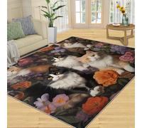 YXQAIED Tapis d'intérieur avec motif chat mignon pour salon, chat noir et orange pour enfants, garçons et filles, motif floral aquarelle pastorale, antidérapant, 100 x 160 cm, pour chambre à coucher