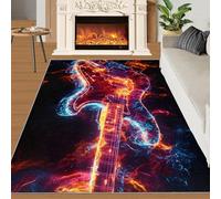 YXQAIED Tapis lavable moderne pour entrée, salon, motif guitare électrique, feu brûlant, 90 x 120 cm, tapis d'intérieur doux et antidérapant pour entrée, salon, motif guitare flammes bleues, 90 x 120