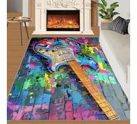 YXQAIED Tapis lavable motif graffiti et décoration d'intérieur - 80 x 150 cm - Guitare colorée pour entrée, chambre à coucher - Tapis antidérapant doux et antidérapant - Guitare disco rock and roll et