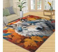YXQAIED Tapis motif feuille d'érable - 160 x 230 cm - Tapis de loup aux yeux bleus - Tapis imprimé animaux 3D lavable pour chambre d'enfant