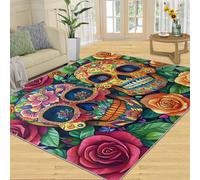 YXQAIED Tapis Salon Crâne, Tapis Fleurs crâne, Jour des Morts Mexicain Poils Antidérapant Courts Doux Moquette pour Salon Chambre Bureau pour Un Nettoyage Facile 70 x 140 cm