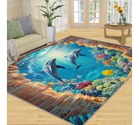 YXQAIED Tapis Salon Océan, Tapis Dauphin, Monde sous-Marin Poils Antidérapant Courts Doux Moquette pour Salon Chambre Bureau pour Un Nettoyage Facile 80 x 150 cm