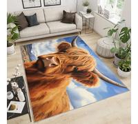 YXQAIED Tapis vache marron 160 x 230 cm - Motif ferme de dessin animé - Tapis à imprimé animal occidental pour enfants garçons - Tapis de prairie et montagnes - Tapis de chambre à coucher - Tapis de