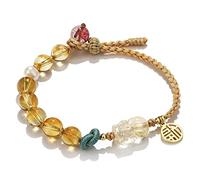 YXWYXWA Bracelet Natural Crystal Bracelet 8MM Citrine Carved Feng Shui Pi Xiu Lucky Charm Fu Pendant Freshwater Pearl Rutilated Quartz Handmade Braid Rope Adjustable Amulet for Money Prosperity
