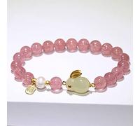 YXWYXWA Bracelet Natural Crytsal Bracelet 8Mm Strawberry Quartz Freshwater Pearl Hetian Jade Carved Feng Shui Rabbit Lucky Charm Elastic Bracelet for Love Good Luck Money Prosperity
