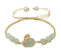 YXWYXWA Bracelet Natural Jade Bracelet Hetian Jade Barrel Beads Gilded Sterling Silver Inlaid Feng Shui Jade Rabbit Lucky Charm Handmade Braid Rope Bracelet for Good Luck Money Prosperity
