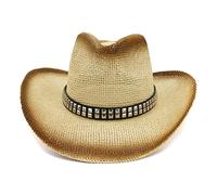 YXWYXWA Cowboy Hat with Metal Plated Hatband Shapeable Cowgirl Jazz Caps for Summer Western Vacation Beach Sunhat
